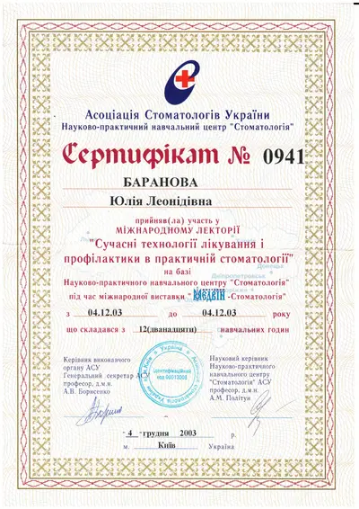 Вишняк Юлія Леонідівна сертифікат №23