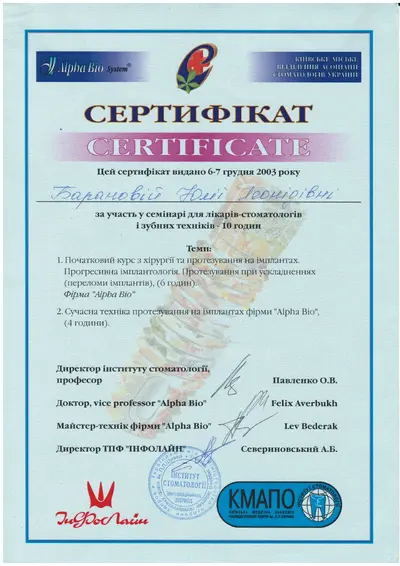 Вишняк Юлия Леонидовна сертификат №18